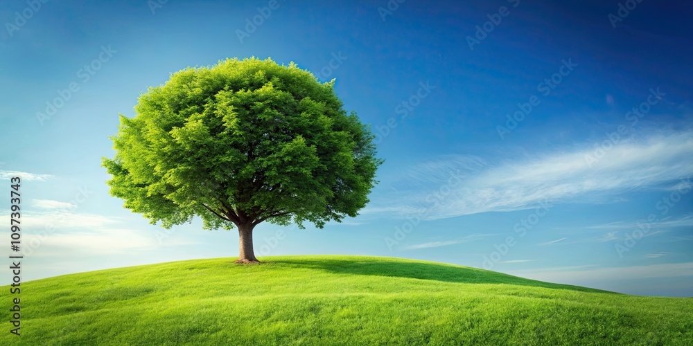 Green tree standing tall on a grassy hill, nature, outdoors, landscape, serene, peaceful, environment, tree, green Green tree standing tall on a grassy hill, nature, outdoors, landscape, serene, peaceful, environment, tree, green