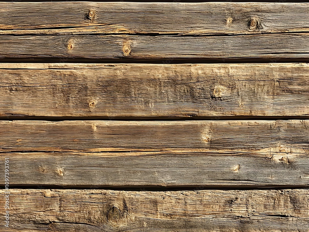 Fototapeta premium Aged wood texture with a rough surface and deep grain lines in various shades of brown and black, showcasing natural imperfections and rustic characteristics.