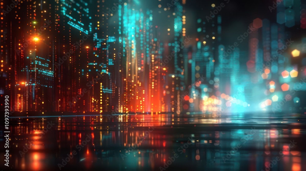Naklejka premium A vibrant, futuristic cityscape with glowing lights and reflections on a wet surface.