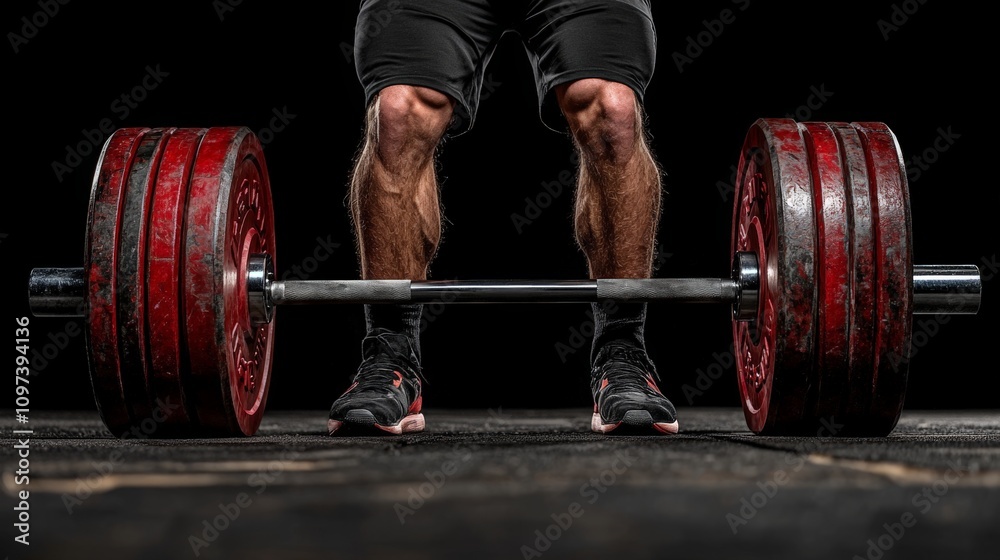 Male athlete performing a heavy deadlift in a gym with red weight plates and strong overhead lighting symbolizing power determination and muscular strength Male athlete performing a heavy deadlift in a gym with red weight plates and strong overhead lighting symbolizing power determination and muscular strength