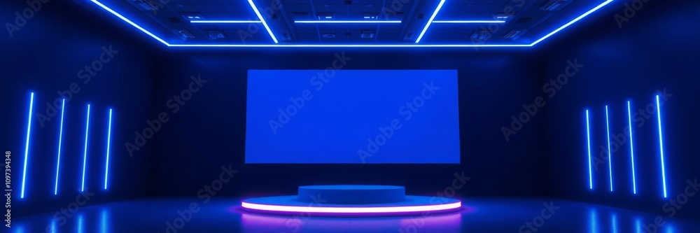Futuristic sci fi podium projection hologram on neon podium in dark room, podium, futuristic Futuristic sci fi podium projection hologram on neon podium in dark room, podium, futuristic