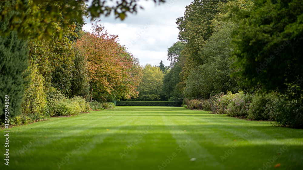 Obraz premium Lush park pathway lined with colorful trees during autumn in a serene landscape