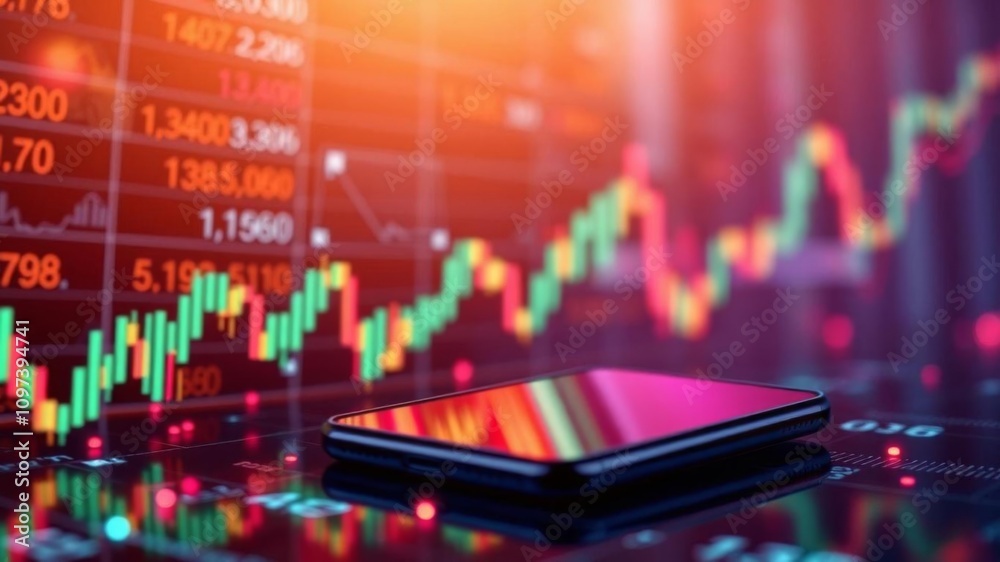Futuristic stock exchange scene with mobile phone chart numbers and sell/buy options, numbers, trading Futuristic stock exchange scene with mobile phone chart numbers and sell/buy options, numbers, trading