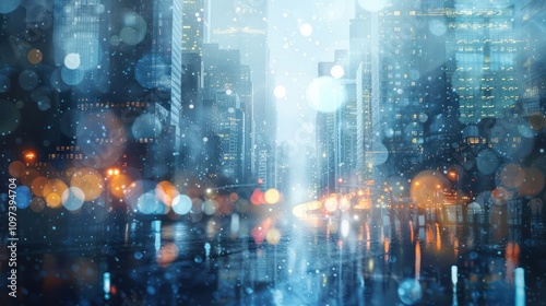 A rainy cityscape with blurred lights and reflections creating a moody atmosphere.