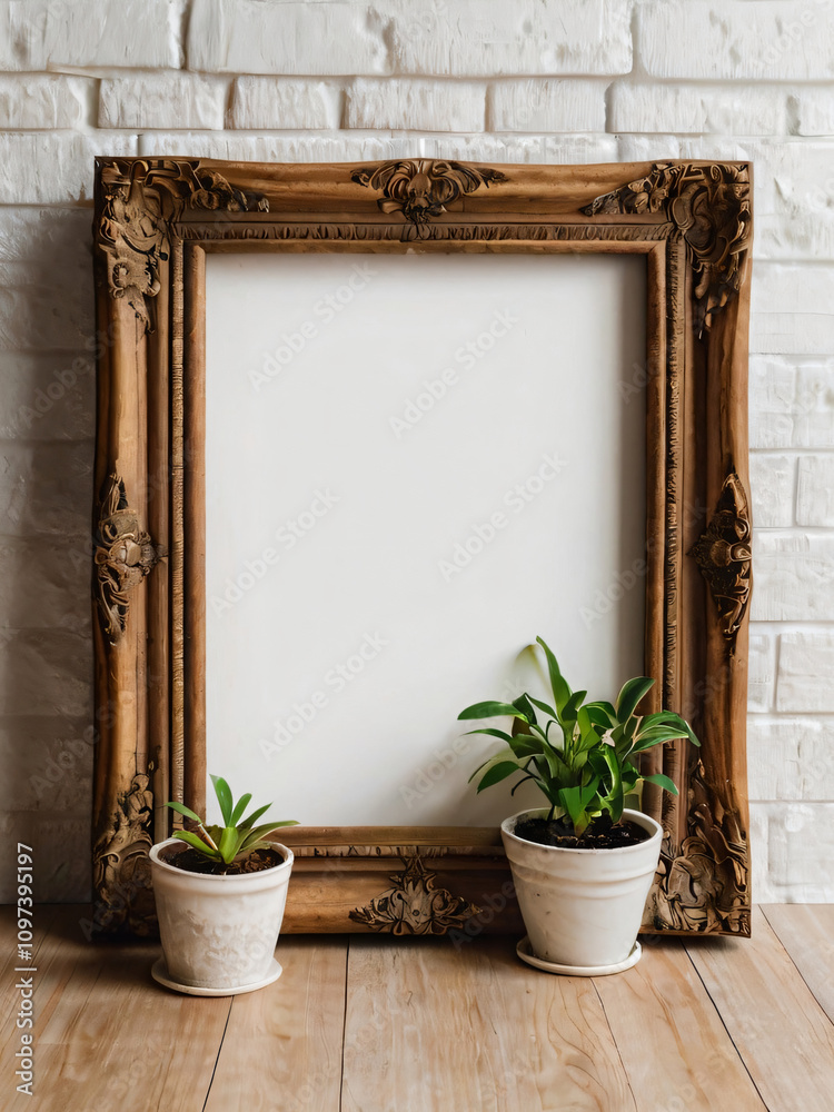 A blank wooden frame with flowers and green plants looks elegant.