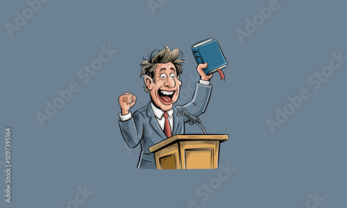 Excited speaker at podium holding a book and cheering.