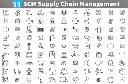 Vector Icon Collection for Supply Chain. This set includes line icons related to the supply chain, value chain, logistics, delivery, manufacturing, and commerce, SCM supply chain management Icons