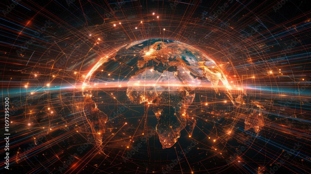 A digital depiction of Earth surrounded by glowing lines, symbolizing connectivity and technology. A digital depiction of Earth surrounded by glowing lines, symbolizing connectivity and technology.