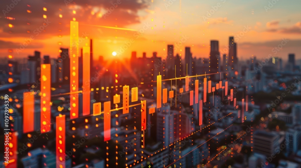 Fototapeta premium A digital financial graph overlaying a city skyline at sunset, symbolizing market trends.