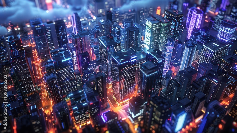A vibrant, illuminated cityscape showcasing urban architecture at night.