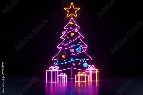 An eye-catching neon wireframe illustration of a festive Christmas tree adorned with presents and a glowing star, on a dark background.