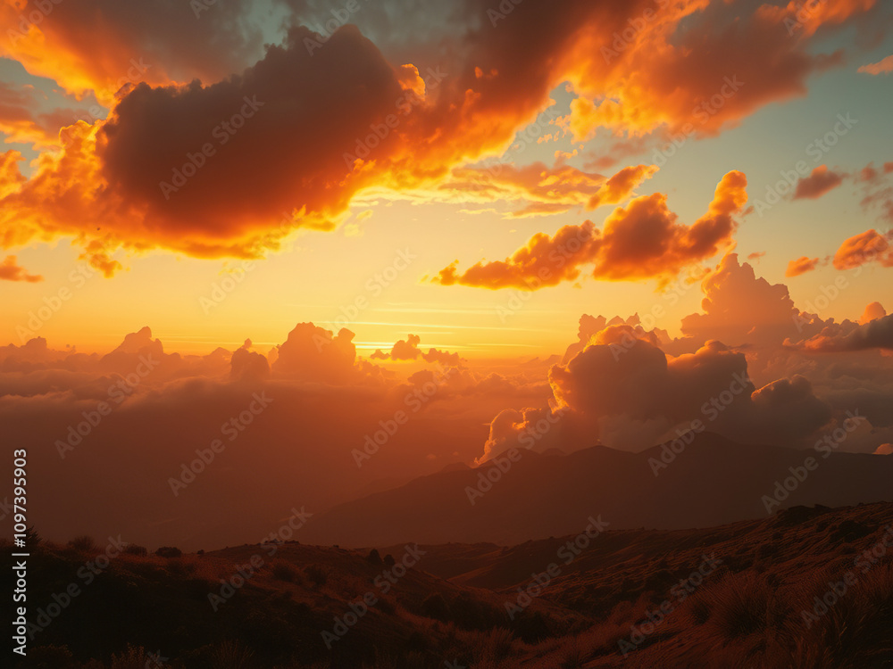 Clouds are set aflame by the fading light of day, casting a warm glow over the landscape, peaceful evening, golden hour, vibrant clouds