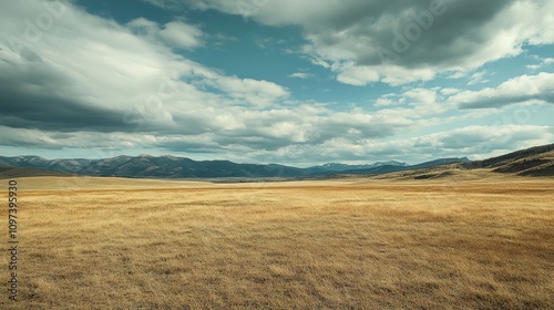 Picturesque Prairie Landscape: Golden Field Under a Blue Sky with Distant Mountains