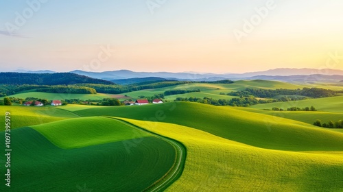 Serene Sunset Hills: A breathtaking aerial view captures rolling green hills bathed in the warm glow of a setting sun. The landscape evokes tranquility and natural beauty. 