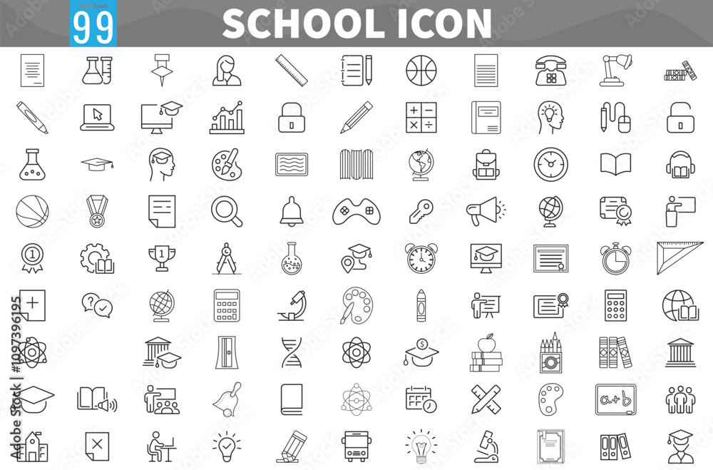 Education Flat Icons, School Elements Black Line Icon, Back to school icon set with 99 different vector icons related with education, success, academic subjects and more.