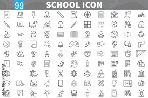 Education Flat Icons, School Elements Black Line Icon, Back to school icon set with 99 different vector icons related with education, success, academic subjects and more.