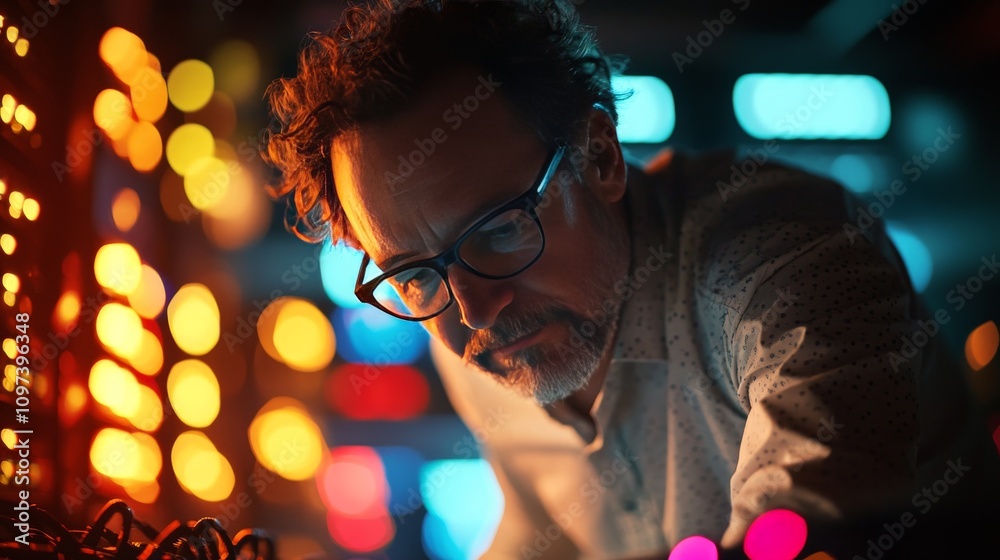 Focused middle aged man in glasses inspecting illuminated server racks representing dedication technology and the intricacies of data management in modern systems Focused middle aged man in glasses inspecting illuminated server racks representing dedication technology and the intricacies of data management in modern systems