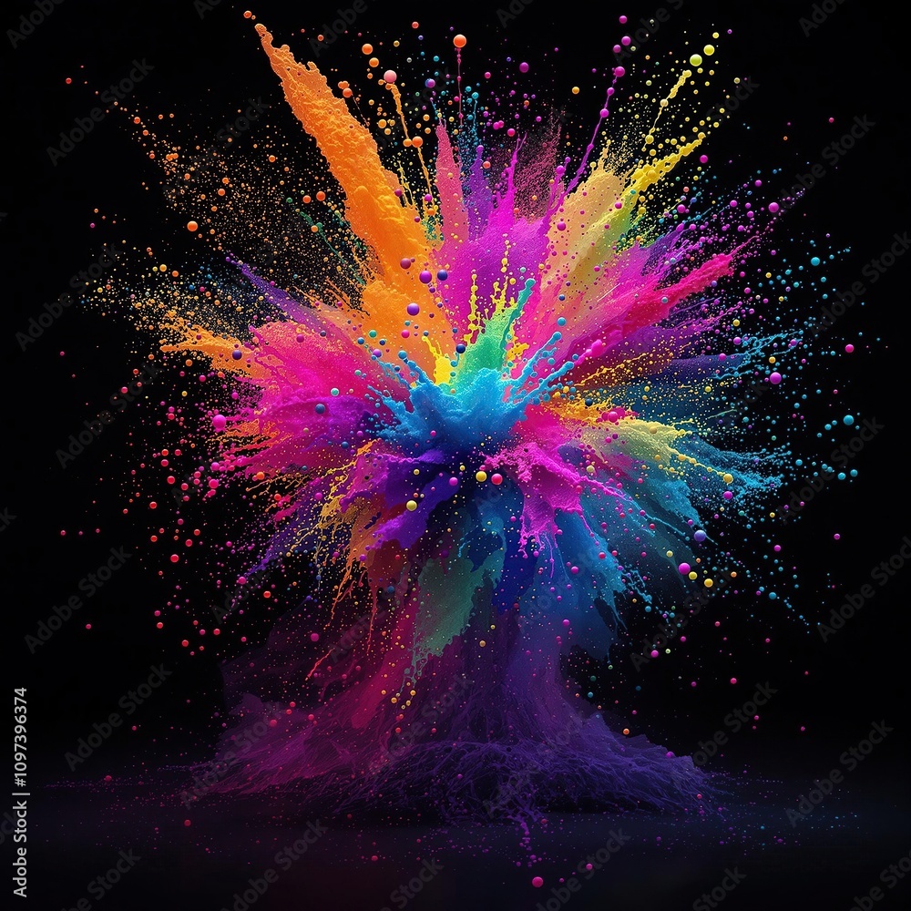 Colored powders explode in a whimsical display of color on a black background, graphic design, creative technique, visual effect, artistic expression Colored powders explode in a whimsical display of color on a black background, graphic design, creative technique, visual effect, artistic expression