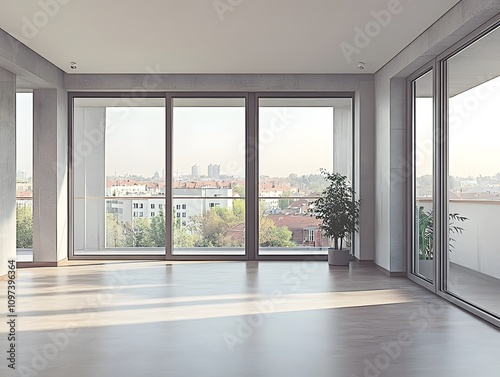 Modern interior with large windows showcasing a city view and a potted plant.