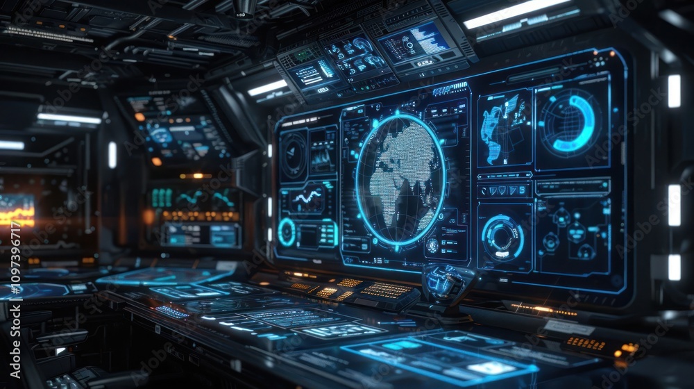 Futuristic control room with holographic displays and data visualizations. Futuristic control room with holographic displays and data visualizations.