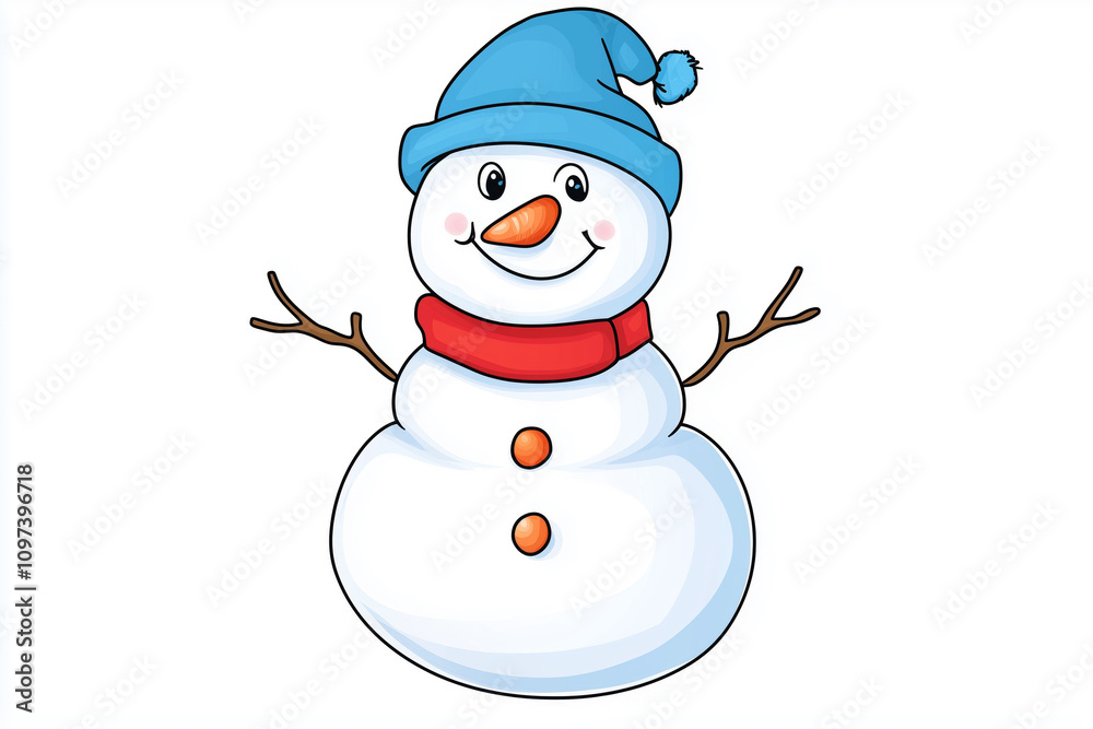 Illustration of a smiling snowman with a blue winter hat, red scarf, orange buttons, carrot nose, and stick arms, set against a clean white background Illustration of a smiling snowman with a blue winter hat, red scarf, orange buttons, carrot nose, and stick arms, set against a clean white background