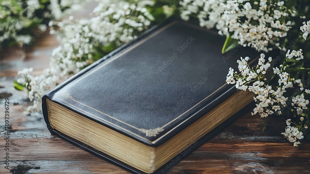 Fototapeta premium Antique Book Rests Amidst Delicate White Flowers
