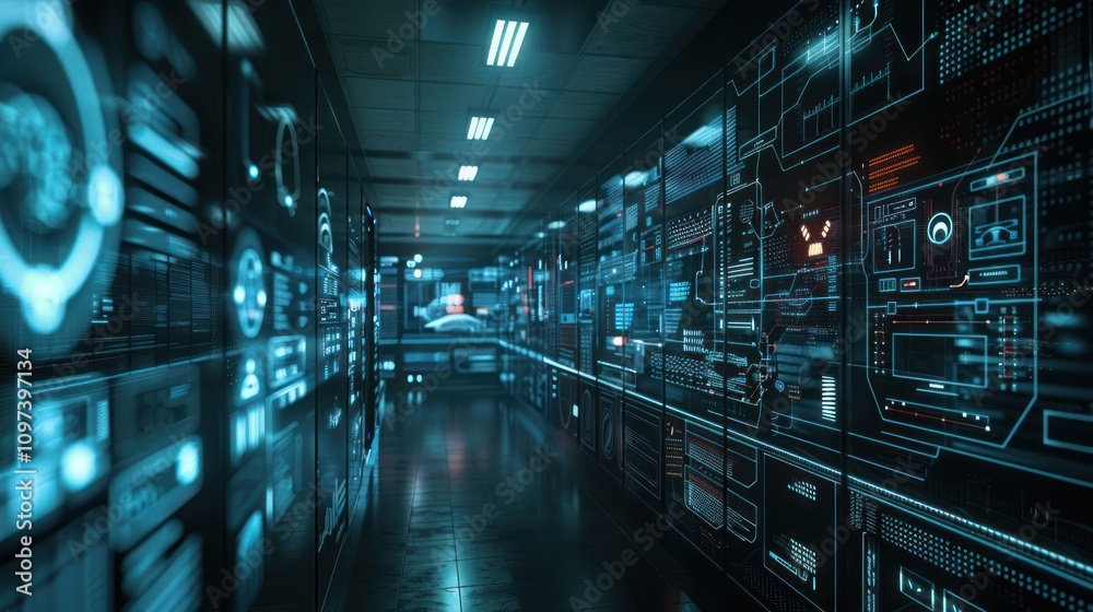A futuristic corridor with glowing digital interfaces and data displays. A futuristic corridor with glowing digital interfaces and data displays.