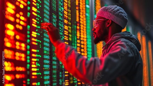 Man in colorful beanie working on illuminated servers showcasing advanced data analysis tech repairs and digital progress under warm neon lights in a professional IT environment photo