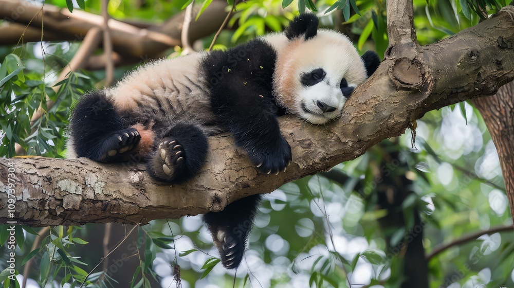 Obraz premium Above, the branches swayed gently in the breeze, creating a peaceful moment of harmony between the panda and its natural surroundings.