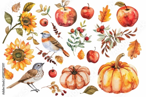 Autumn leaves, fruits, and bird illustrations in vivid colors over a white background Rich oranges, yellows, and reds create a warm and inviting seasonal scene photo