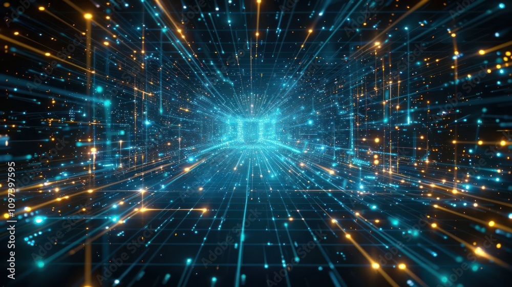 Naklejka premium A futuristic digital tunnel with glowing particles and lines representing data flow.
