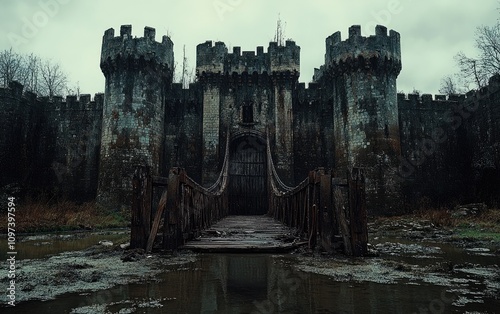 Eerie silence, abandoned, ancient castle standing in desolate gloom, its crumbling walls, dark corridors filled with haunting echoes of forgotten stories, mysterious shadows.