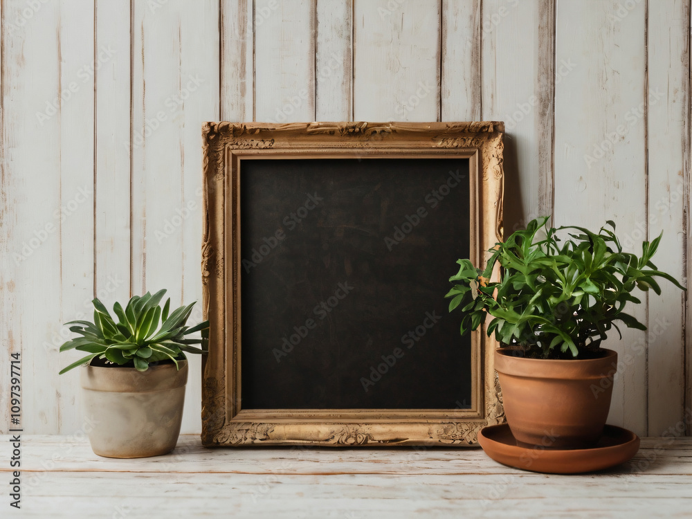 Flowers and green plants enhance the blank wooden frame's elegance. Flowers and green plants enhance the blank wooden frame's elegance.