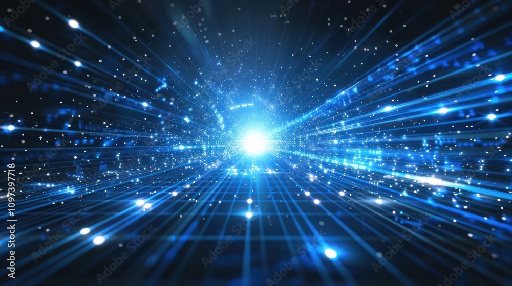 A vibrant blue light burst creates a sense of depth and motion, evoking a cosmic feel. A vibrant blue light burst creates a sense of depth and motion, evoking a cosmic feel.