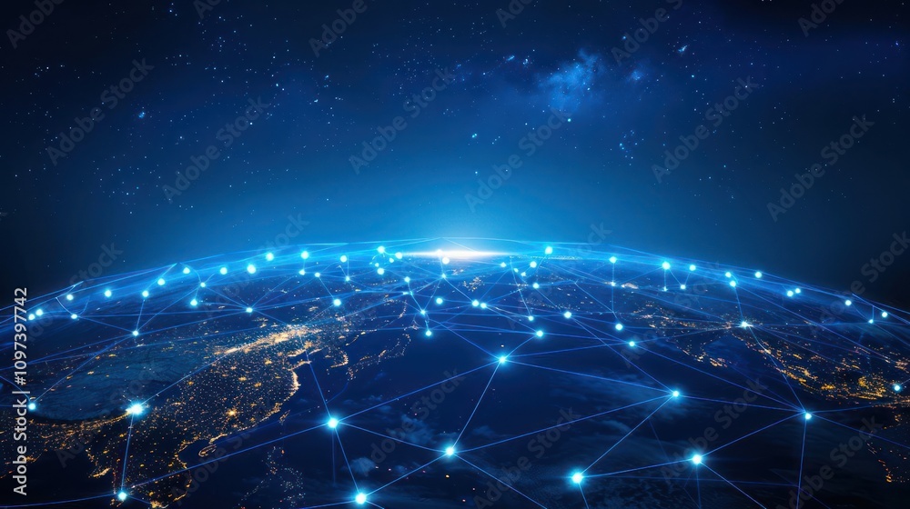 A digital representation of Earth with interconnected nodes symbolizing global connectivity. A digital representation of Earth with interconnected nodes symbolizing global connectivity.