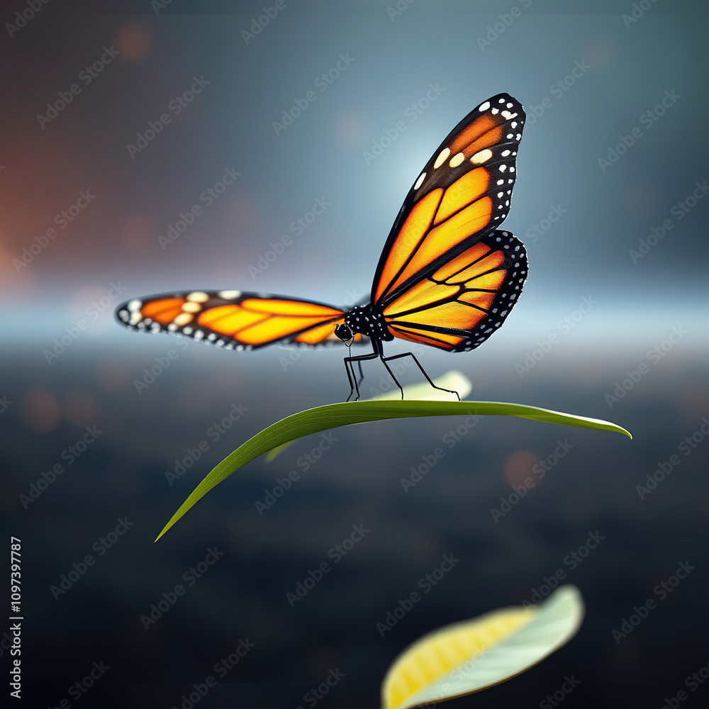 Obraz premium Delicate monarch butterfly on a leaf with contrasting colors, contrasted colors, nature photography, insect life