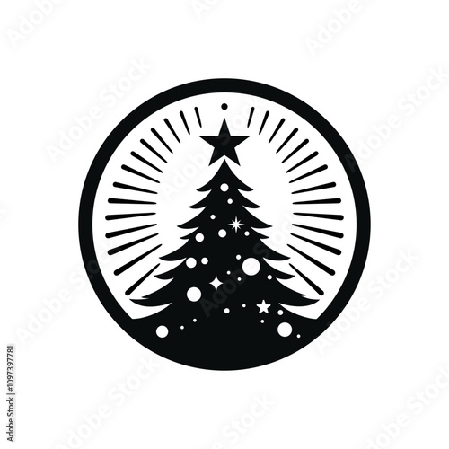 Christmas tree logo vector design illustration template. Simple abstract icon black and white hand draw in circle with snow