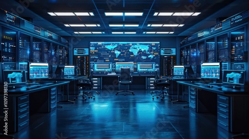 A futuristic control room with multiple screens displaying data and a global map.