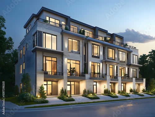 Modern multi-story residential building with large windows and landscaped surroundings.