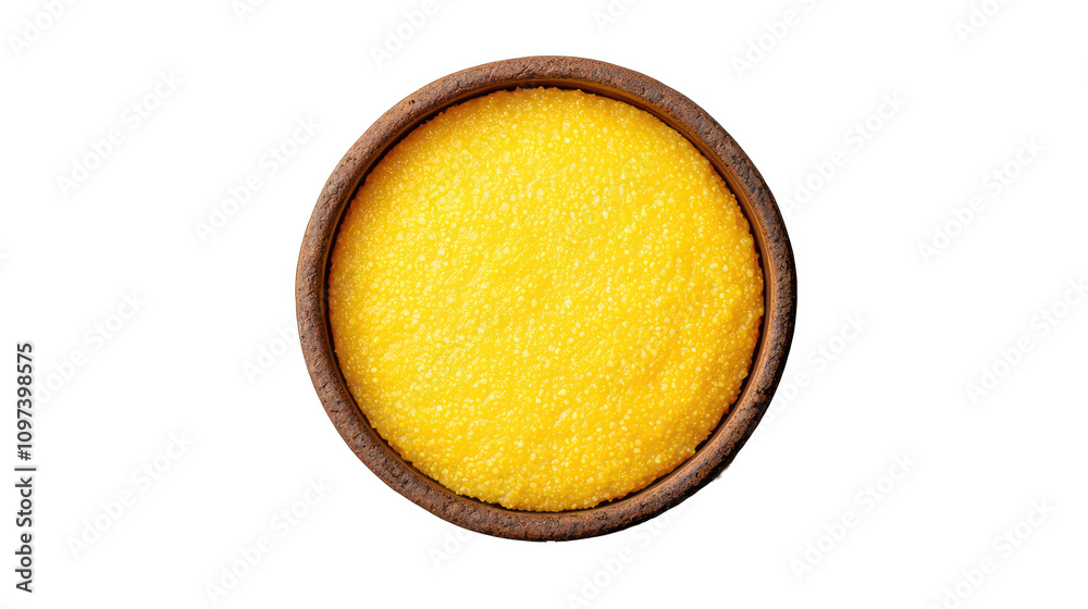 Yellow corn polenta presented in a clay pot, top view on a white backdrop. Yellow corn polenta presented in a clay pot, top view on a white backdrop.