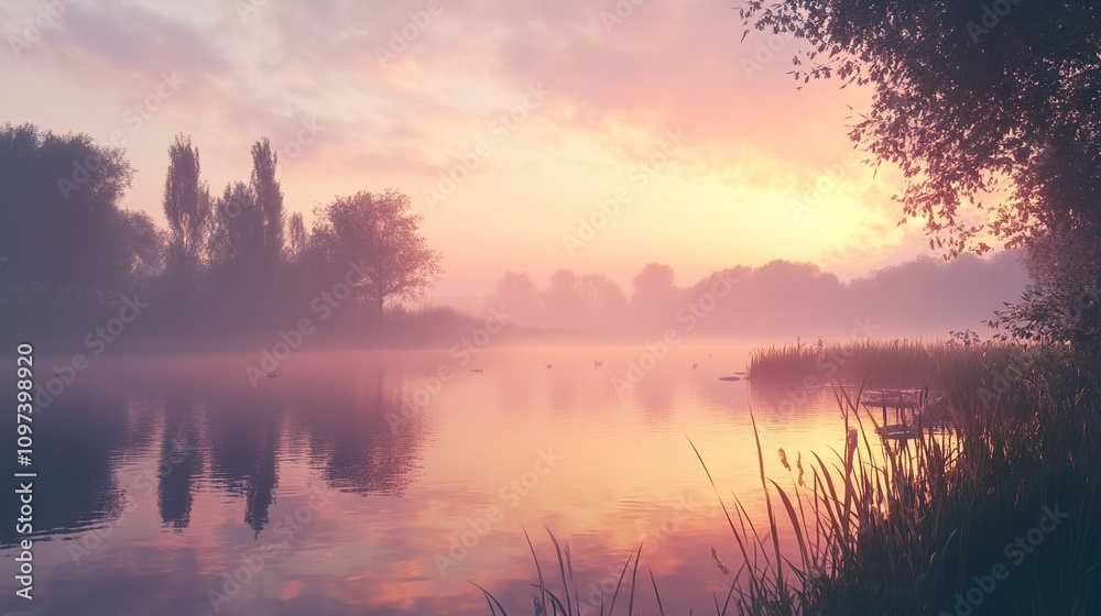 Misty Sunrise over Calm Lake: Serene Nature Photography Misty Sunrise over Calm Lake: Serene Nature Photography