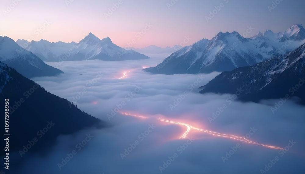 A dynamic landscape with fog swirling around mountain peaks at twilight A dynamic landscape with fog swirling around mountain peaks at twilight