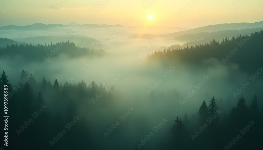 A serene nature scene with dense, rolling fog enveloping a forest at dawn