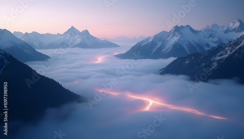 A dynamic landscape with fog swirling around mountain peaks at twilight