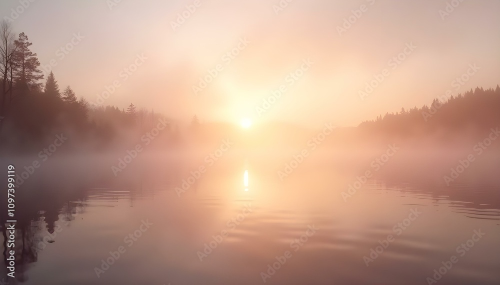 An abstract background featuring flowing fog across a calm lake in the early morning An abstract background featuring flowing fog across a calm lake in the early morning