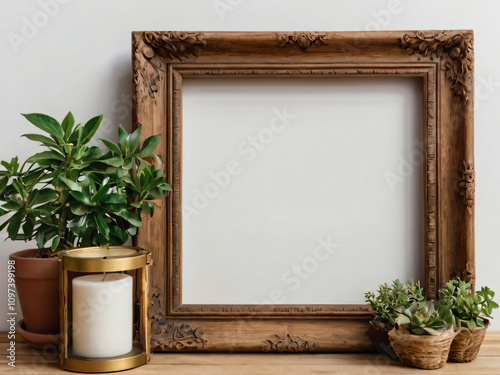 Flowers and green plants decorate the blank wooden frame beautifully. photo