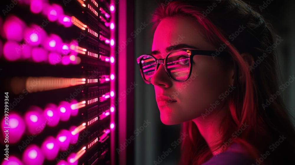 Woman with glasses standing confidently in a neon pink lit server aisle symbolizing empowerment creativity and technological expertise in a futuristic environment Woman with glasses standing confidently in a neon pink lit server aisle symbolizing empowerment creativity and technological expertise in a futuristic environment