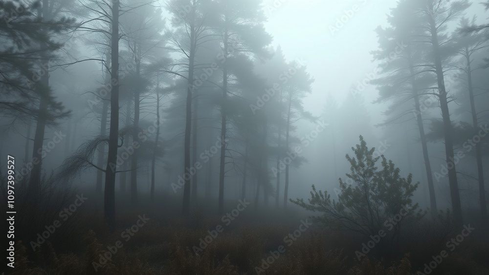 Foggy forest with blurred trees and underbrush, foliage, trees, woodland scenery, blur, misty atmosphere Foggy forest with blurred trees and underbrush, foliage, trees, woodland scenery, blur, misty atmosphere