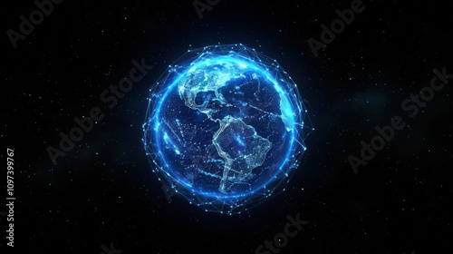 A digital representation of Earth with a network of connections in space.