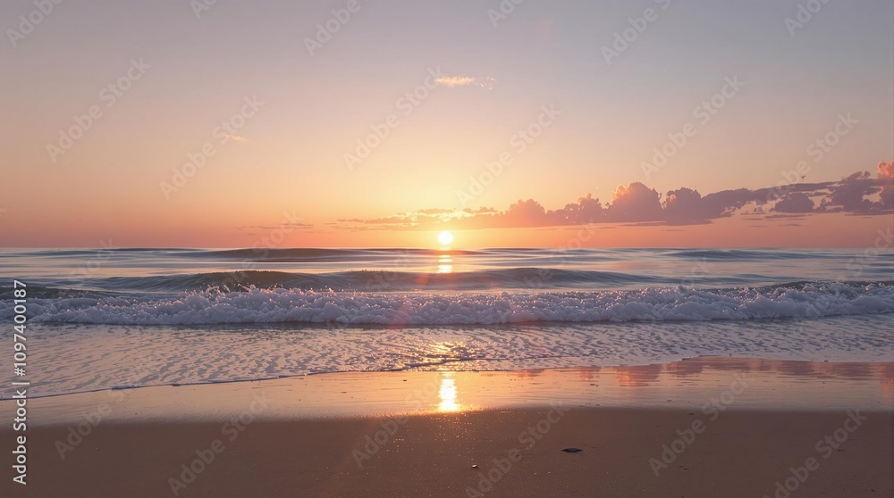 Gentle ocean waves on a calm beach at sunrise, sky, wave, sunrise Gentle ocean waves on a calm beach at sunrise, sky, wave, sunrise
